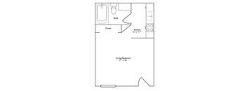 A floor plan of a small apartment with a kitchen, bathroom, and living/bedroom area.