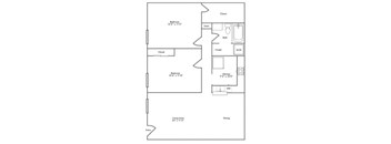 A black and white image of a floor plan for a small apartment.