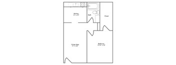 A black and white image of a floor plan for a small apartment.