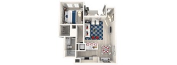 a stylized floor plan with a bedroom and a living room