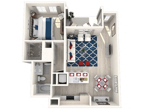 a stylized floor plan with a bedroom and a living room