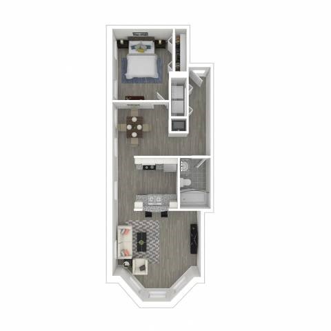 A floor plan of a small apartment with a bedroom, living room, kitchen, and bathroom.