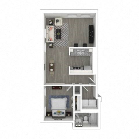 A diagram of a small apartment with a bedroom, living room, and kitchen.