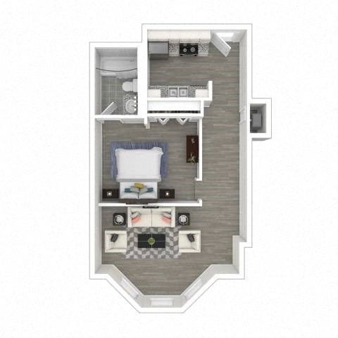 A top-down view of a small apartment with a bed, a desk, and a kitchenette.