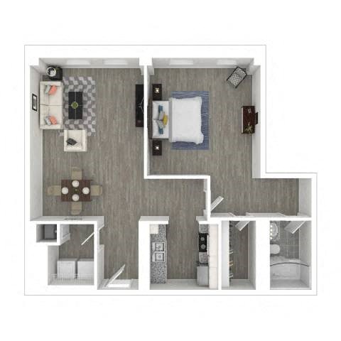 A floor plan of a small apartment with a kitchen, living room, and bathroom.