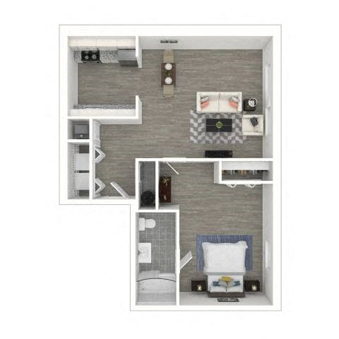 A floor plan of a small apartment with a bedroom, living room, and kitchen.