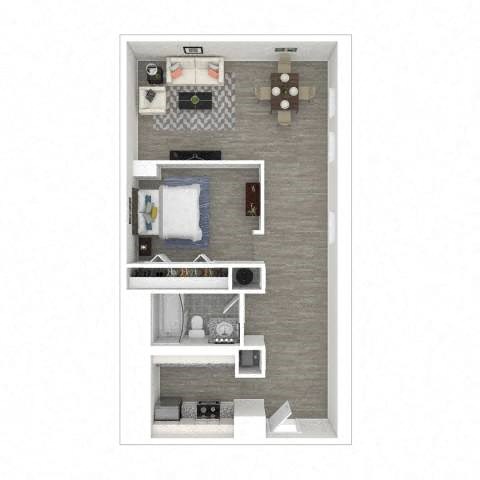 A floor plan of a small apartment with a kitchen, living room, and bedroom.