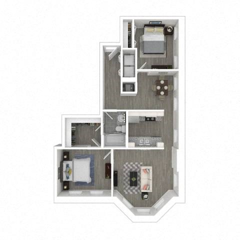 A floor plan of a small apartment with a kitchen, living room, and bathroom.