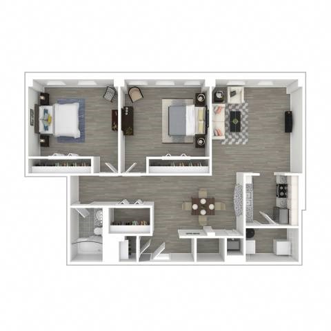 A 3D floor plan of a small apartment with a kitchen, living room, and bedroom.