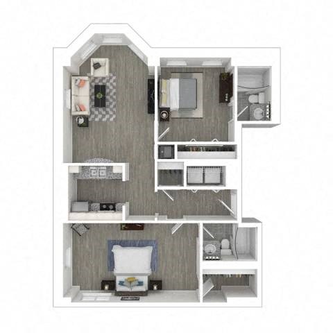 A dollhouse with a bedroom, kitchen, and living room.