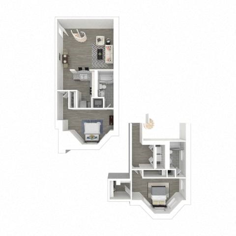 A floor plan of a small apartment with a kitchen, living room, and two bedrooms.