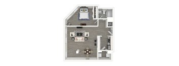 A top-down view of a house layout with a living room, kitchen, and bedrooms.