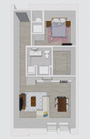 A floor plan of a small apartment with a bedroom, living room, and kitchen.