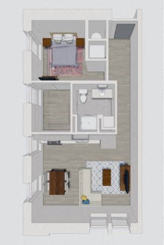 A floor plan of a small apartment with a kitchen, living room, and two bedrooms.