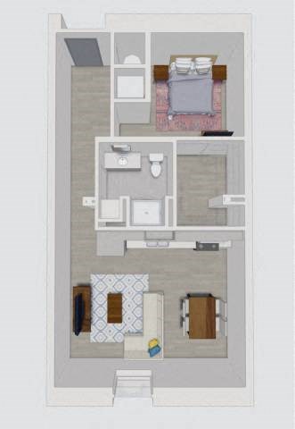 A floor plan of a small apartment with a kitchen, living room, and bathroom.