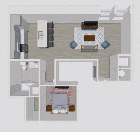 A floor plan of a small apartment with a kitchen, living room, and bathroom.