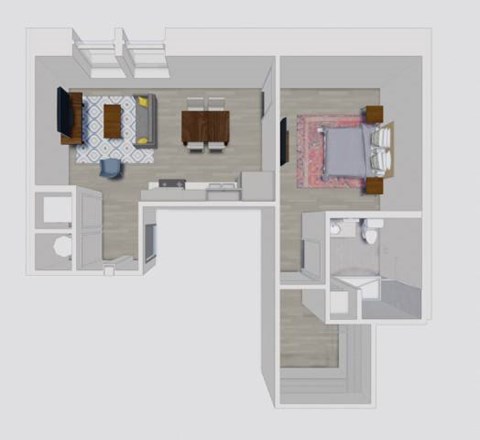 A floor plan of a two-bedroom apartment with a kitchen and living room.