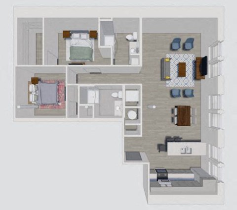 A floor plan of a house with a kitchen, living room, and two bedrooms.
