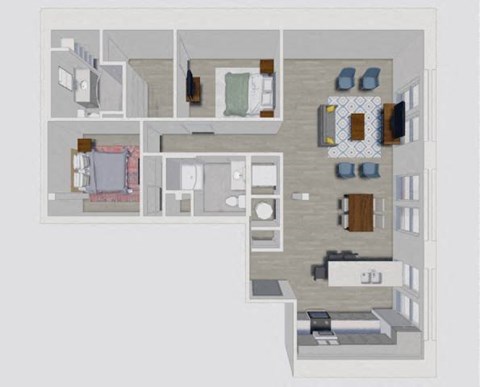 A floor plan of a house with a kitchen, living room, and two bedrooms.