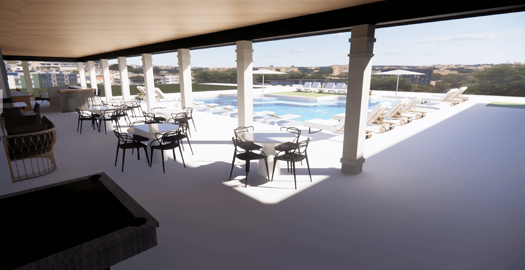 a rendering of the outdoor dining area of a hotel with a swimming pool