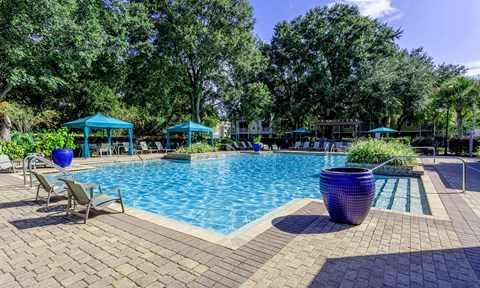 A pool surrounded by trees and a bench.
