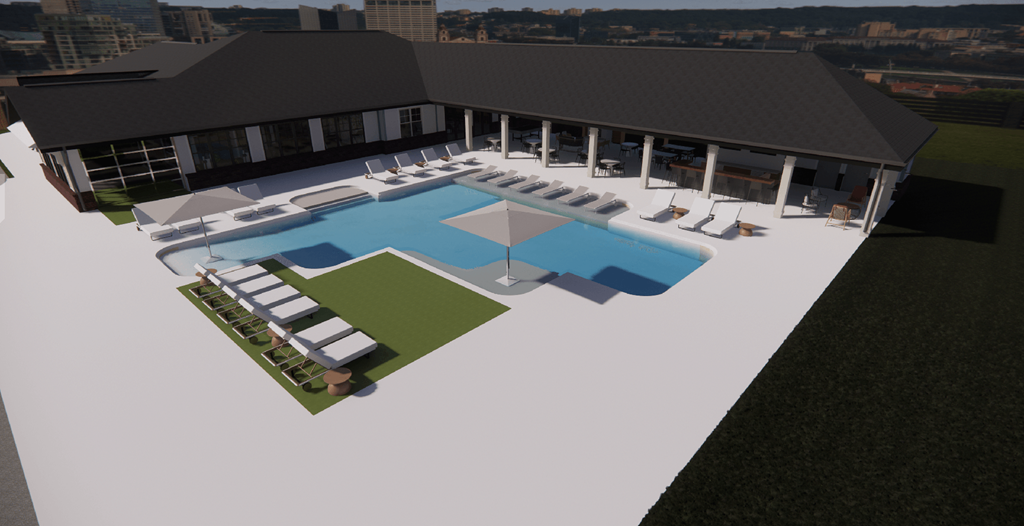 a computer rendering of a building with a pool and lounge chairs