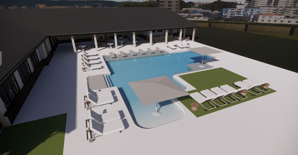 a 3d rendering of a pool with lounge chairs and a building in the background