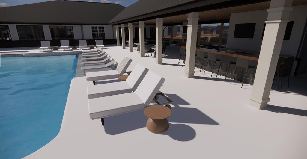 a render of a pool with lounge chairs and a poolside table