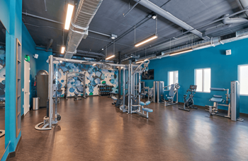 a gym with a bunch of exercise equipment and blue walls
