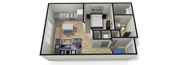 A 3D floor plan of a house with a kitchen, living room, and bedrooms.