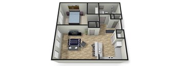 A 3D floor plan of a house with a kitchen, living room, and two bedrooms.