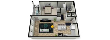 A 3D floor plan of a house with a kitchen, living room, and bathroom.