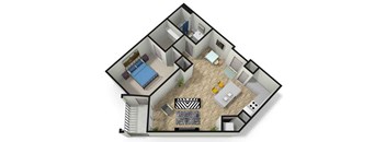 A 3D floor plan of a house with a living room, kitchen, dining room, and bedrooms.