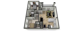A 3D floor plan of a house with a living room, kitchen, and two bedrooms.