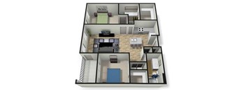 A 3D floor plan of a house with a living room, kitchen, and bedrooms.