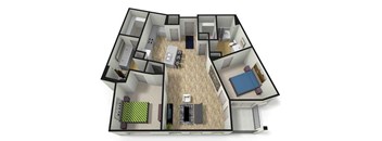 A 3D floor plan of a house with a living room, kitchen, and dining area.