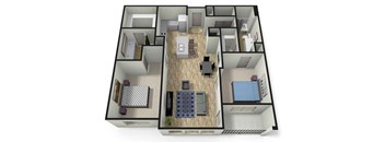 A 3D floor plan of a house with a kitchen, living room, and bedrooms.