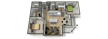 A 3D floor plan of a house with a living room, kitchen, and two bedrooms.