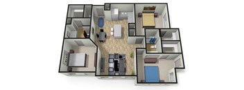 A 3D floor plan of a house with a living room, kitchen, and bedrooms.