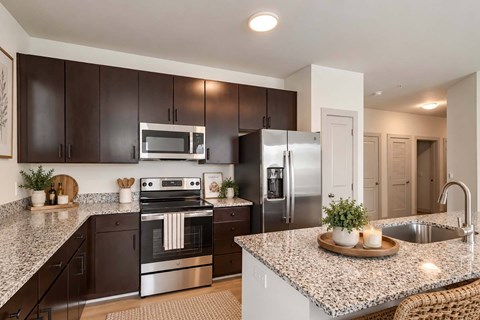 A modern kitchen with dark brown cabinets and stainless steel appliances.