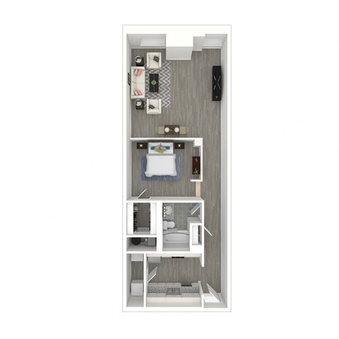 a floor plan of a studio apartment with a bedroom and a bathroom