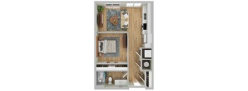 A top-down view of a small, modern apartment with a kitchen area, a living room, and a bathroom.
