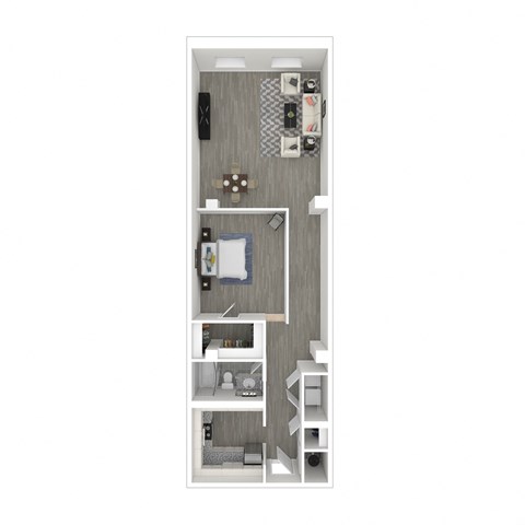 a stylized floor plan with a bedroom and a bathroom