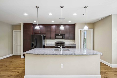 A kitchen with a granite countertop and dark brown cabinets.