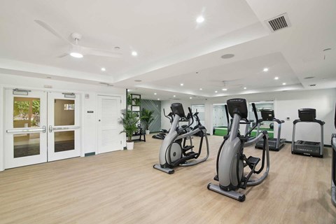 A gym with treadmills, exercise bikes, and other equipment.