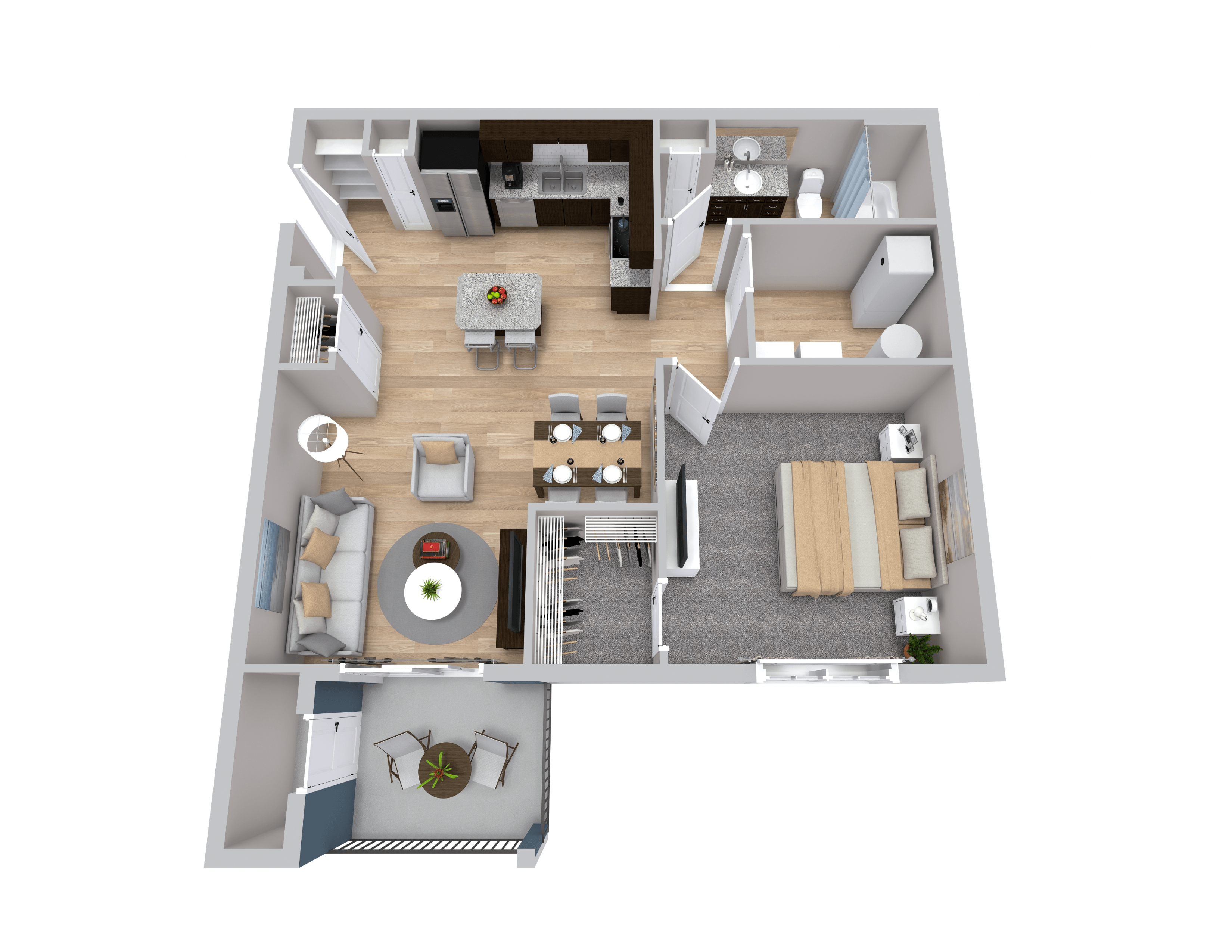 A top-down view of a small apartment with a kitchen, living room, and bathroom.