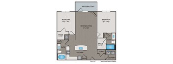 A floor plan of a home with two bedrooms, a patio/balcony, a dining/living room, a kitchen, a pantry, two bathrooms, and a laundry room.