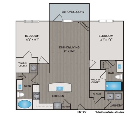 A floor plan of a home with two bedrooms, a patio/balcony, a dining/living room, a kitchen, a pantry, two bathrooms, and a laundry room.