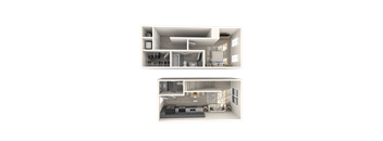 A 3D rendered image of a modern apartment with a kitchen, living room, and bedroom.