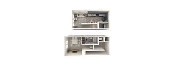 Two images of a 3D model of a house interior.